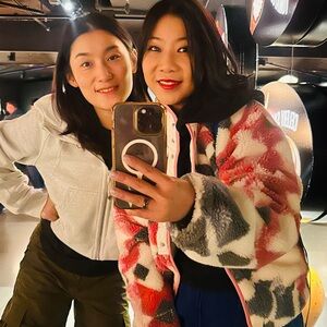 Free People Cozy Abstract Sherpa Zip Jacket in Red, Navy & Cream-Worn only once